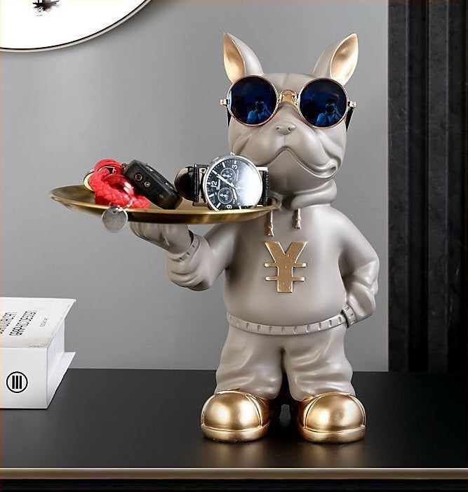 Gray resin Frenchie single valet tray — lifestyle with watch and keys
