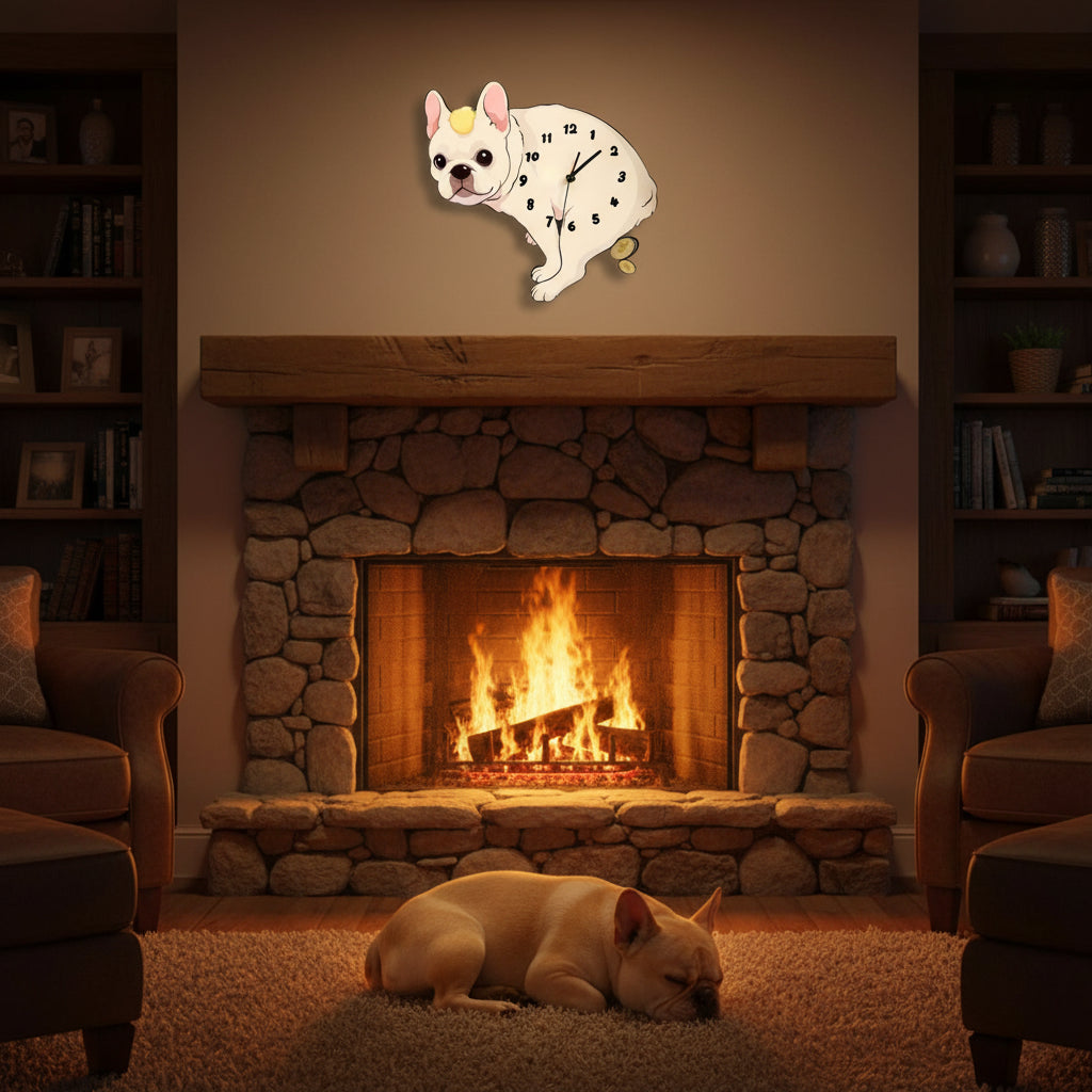 Cream Frenchie pendulum wall clock — full view with gold coin pendulum