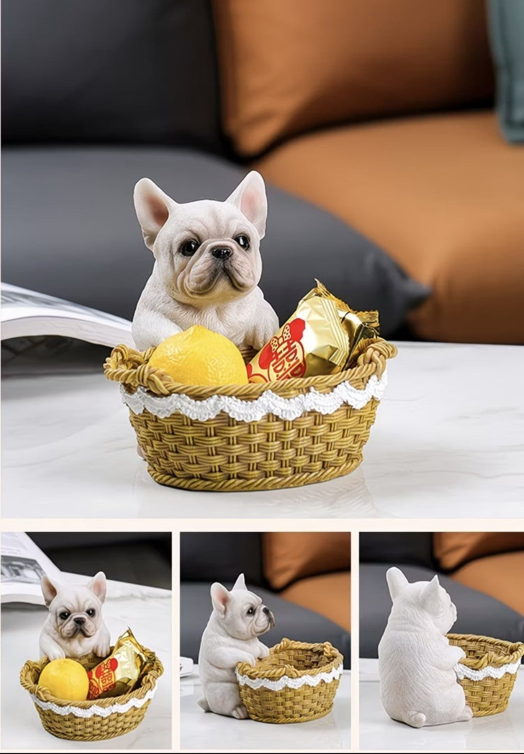 Frenchie in basket resin figurine, front and side views