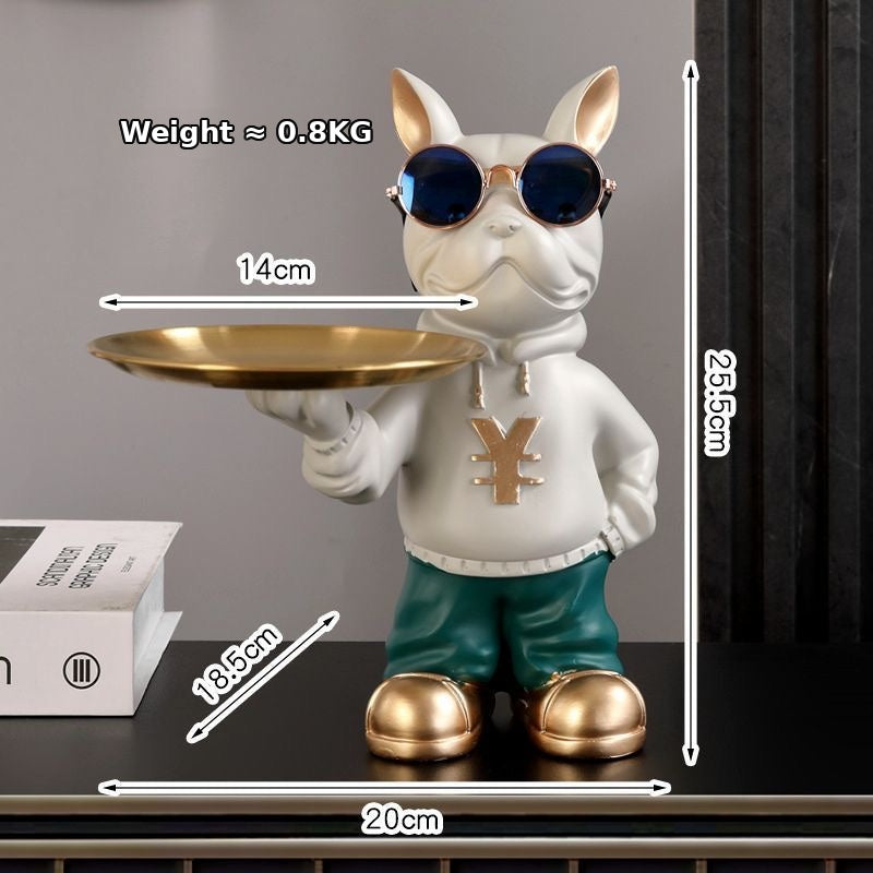 Gray & Green resin Frenchie single valet tray with gold metal tray and English size overlay