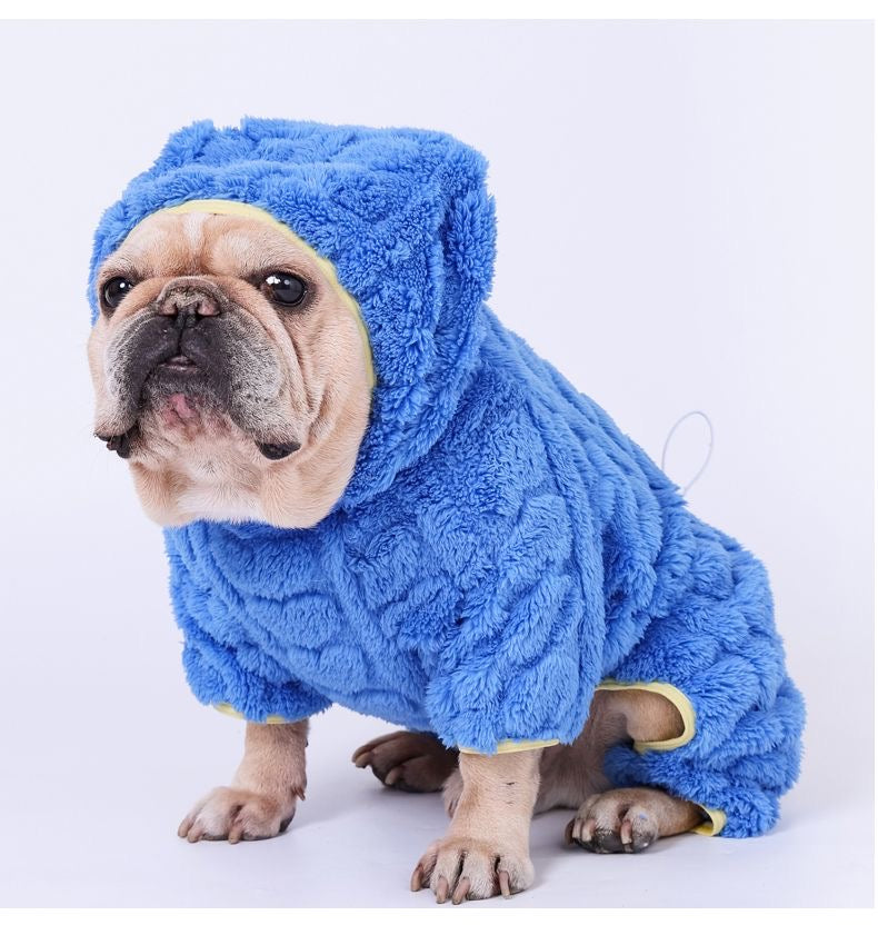 Blue plush fleece four-leg hoodie — on Frenchie