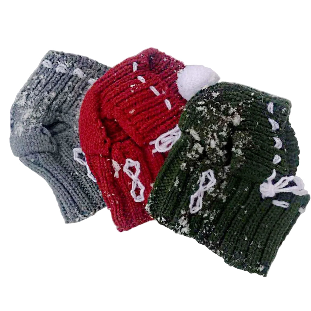 Frenchie knit pom-pom hats — Grey, Red, and Green flat lay