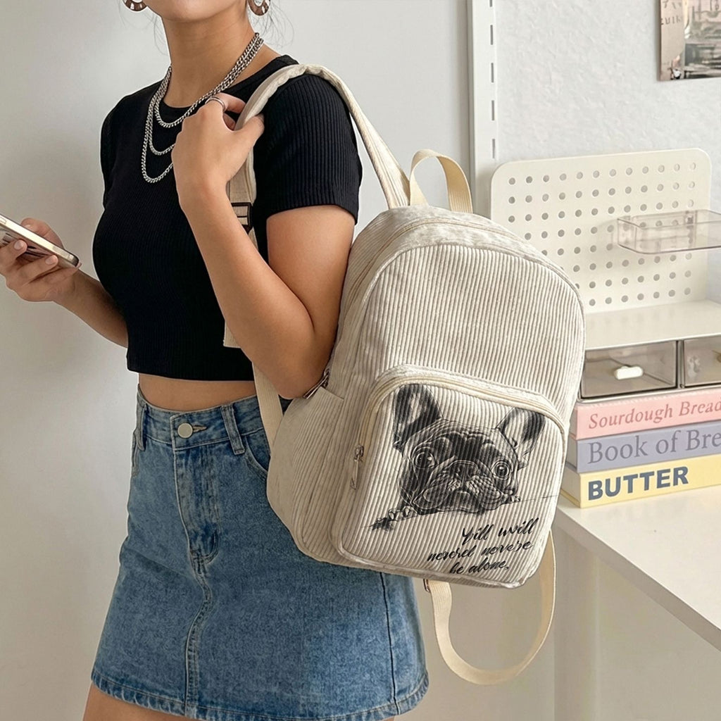 Cream Frenchie Corduroy Mini Backpack worn — never-alone sketch print