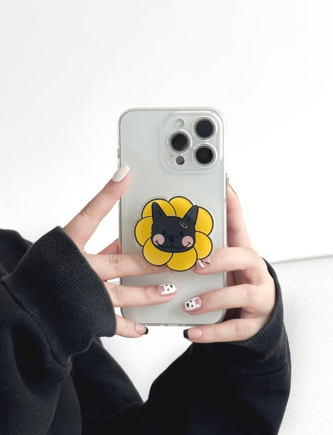 Yellow Flower Black Frenchie acrylic phone grip on phone