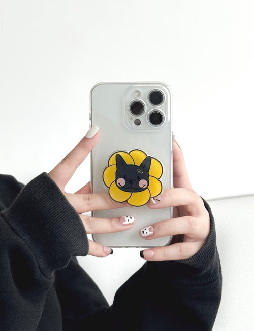 Yellow Flower Black Frenchie acrylic phone grip on phone