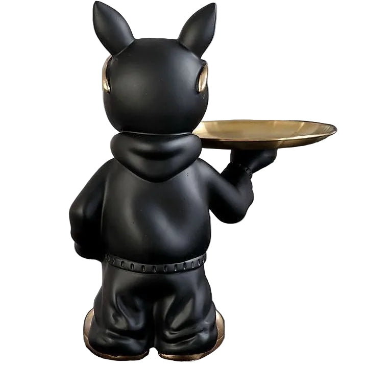 Black Frenchie single valet tray — back view (English label)