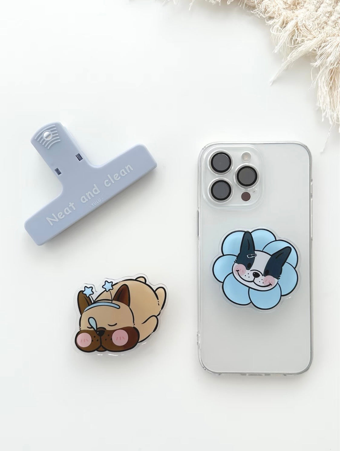 Blue Flower Black Frenchie phone grip on phone with Sleeping Star grip