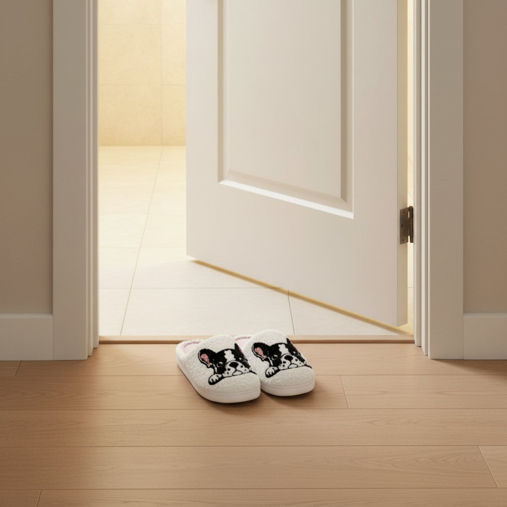 Frenchie Sherpa Mule Slippers — Peeking Bulldog (White) — category lifestyle