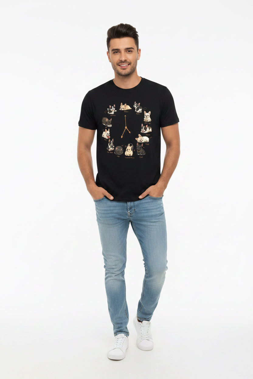 Black Frenchie 24-hour life clock tee, flat lay