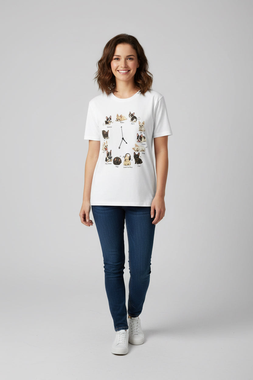 White Frenchie 24-hour life clock tee, flat lay