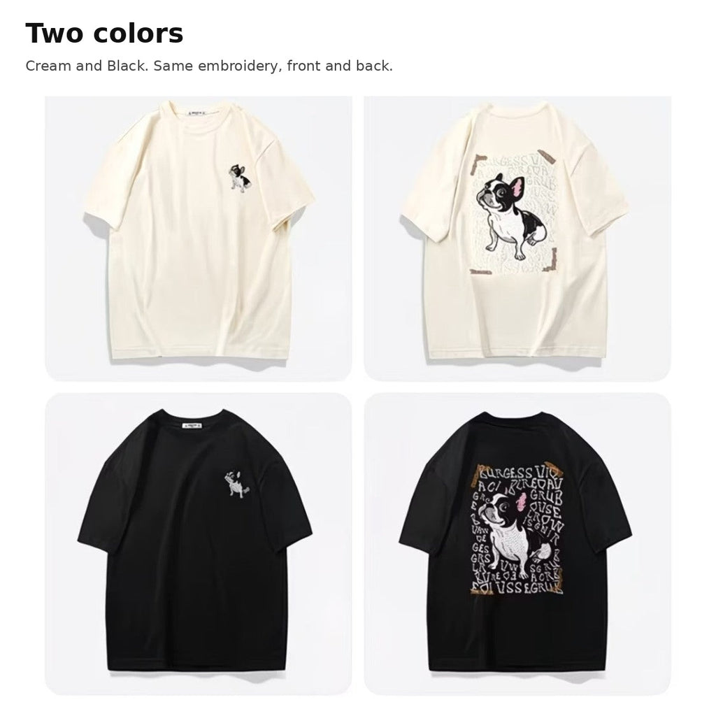 Cream and Black oversized Frenchie tee, front and back