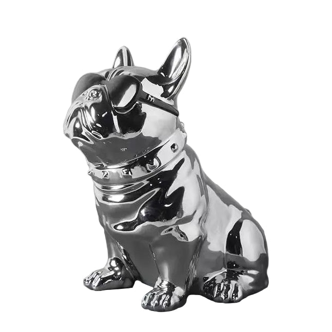 Silver chrome Dapper Frenchie tissue box holder — studio shot with size overlay (approx. L 25 × W 17 × H 27 cm)