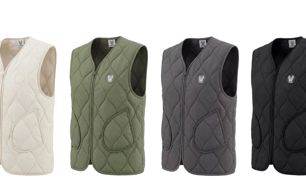 Frenchie quilted vest — four color flat lay (Cream leftmost)