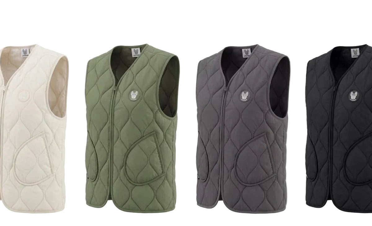 Frenchie quilted vest — four color flat lay (Cream leftmost)