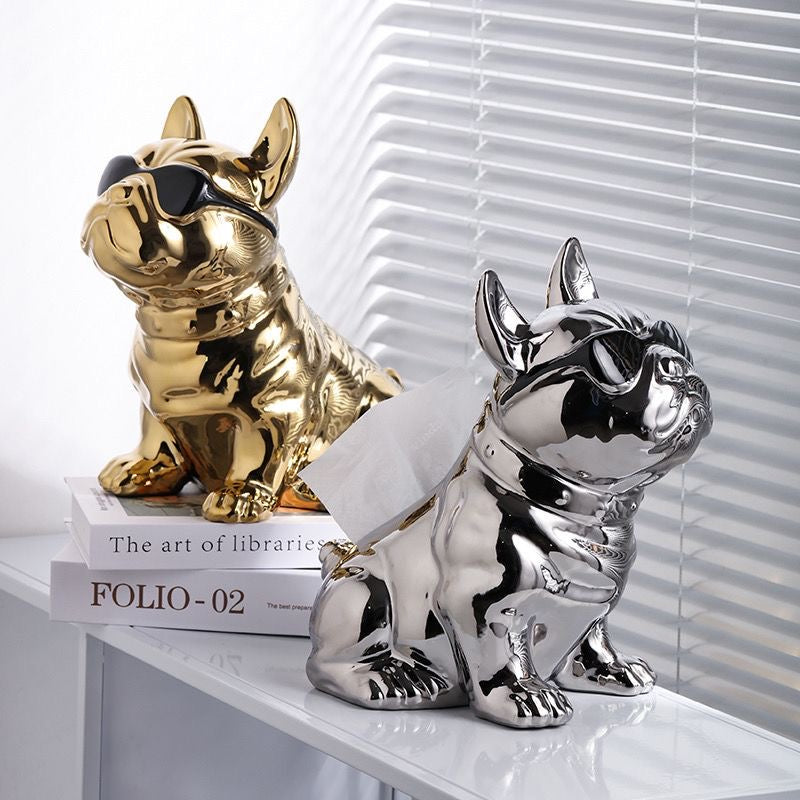 Gold and Silver Dapper Frenchie tissue box holders side by side