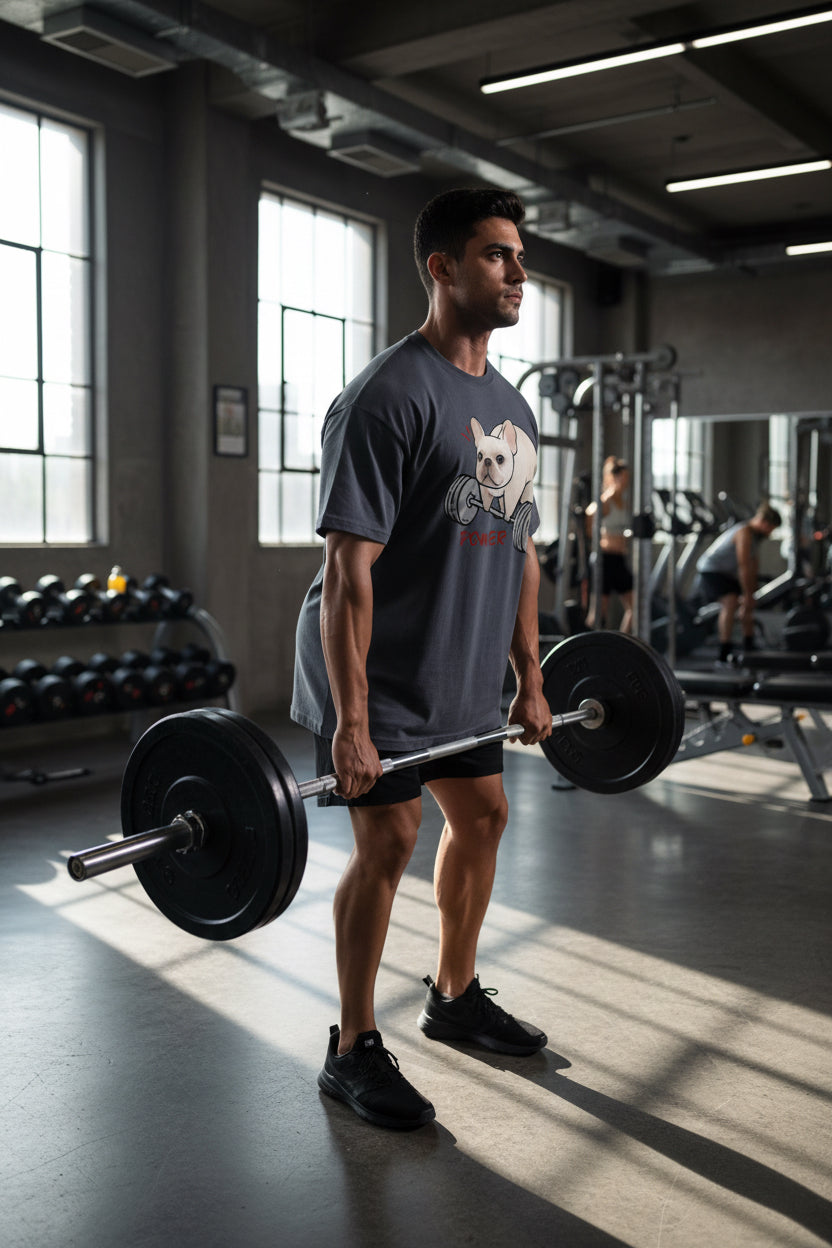 POWER Frenchie Gym Tee — Barbell Print