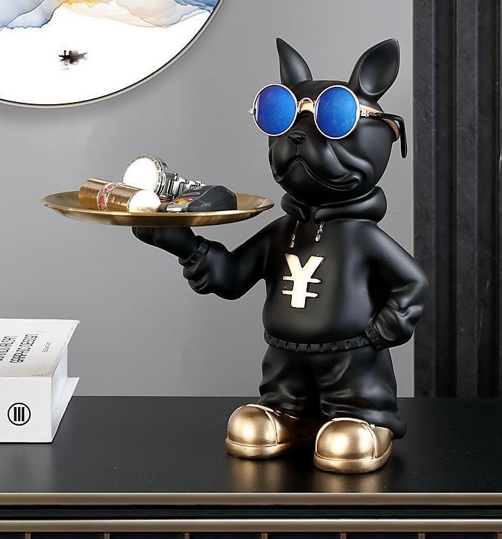 Black resin Frenchie single valet tray — lifestyle with watch and keys