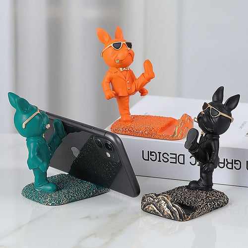 Dapper Frenchie resin phone stands in Teal, Orange, and Black suits