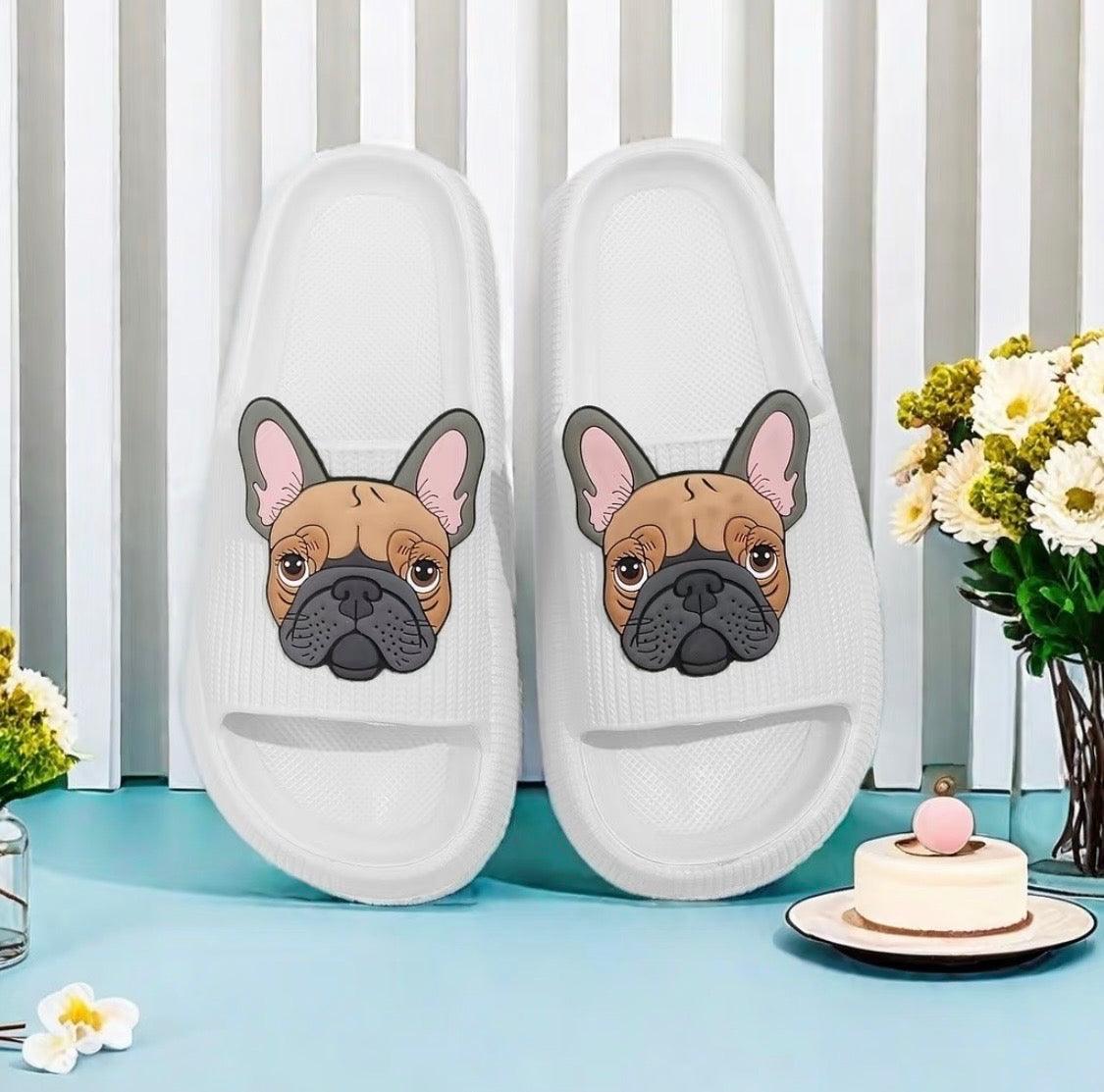 White Frenchie cloud slide sandals with French Bulldog face charm