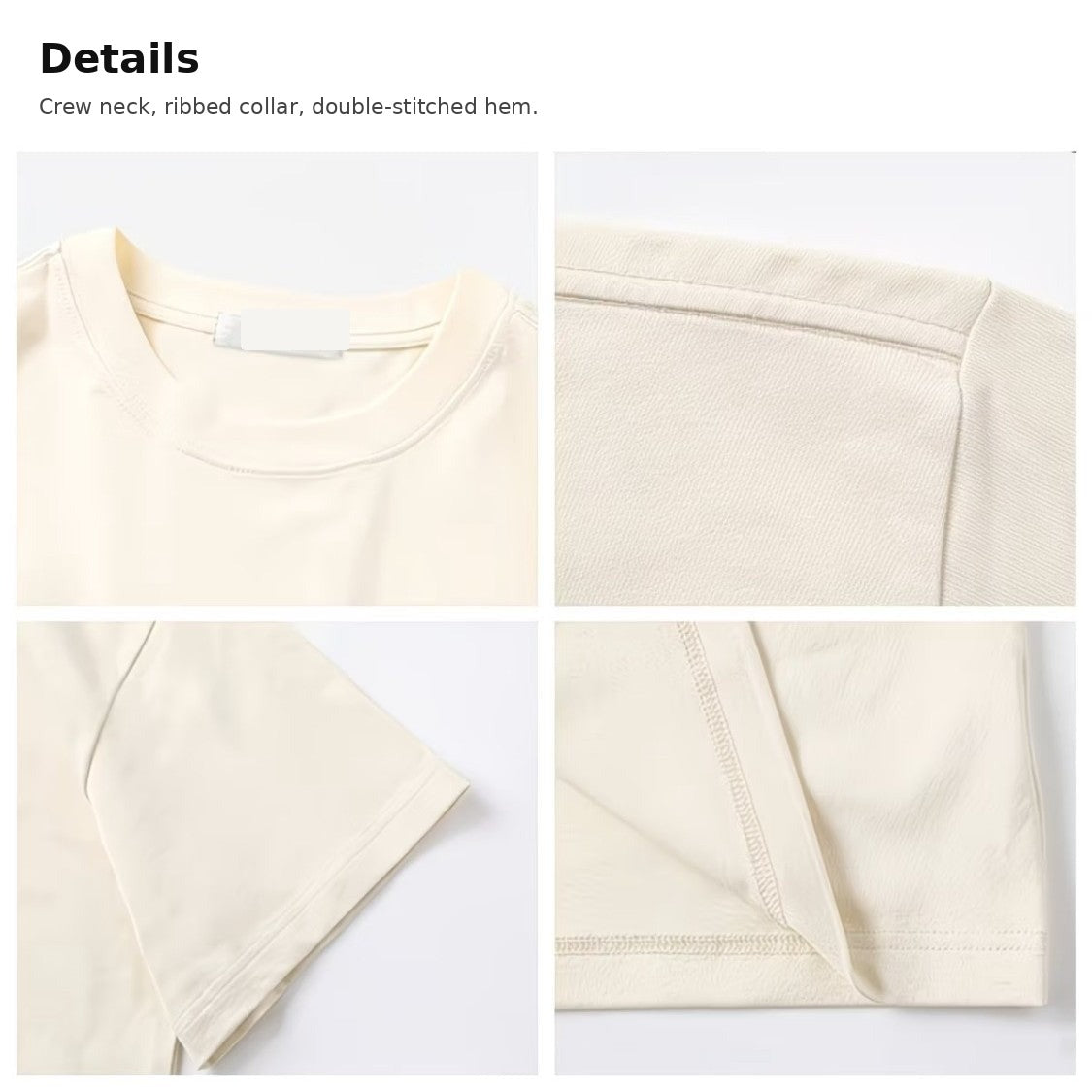 Crew neck, ribbed collar, and hem details