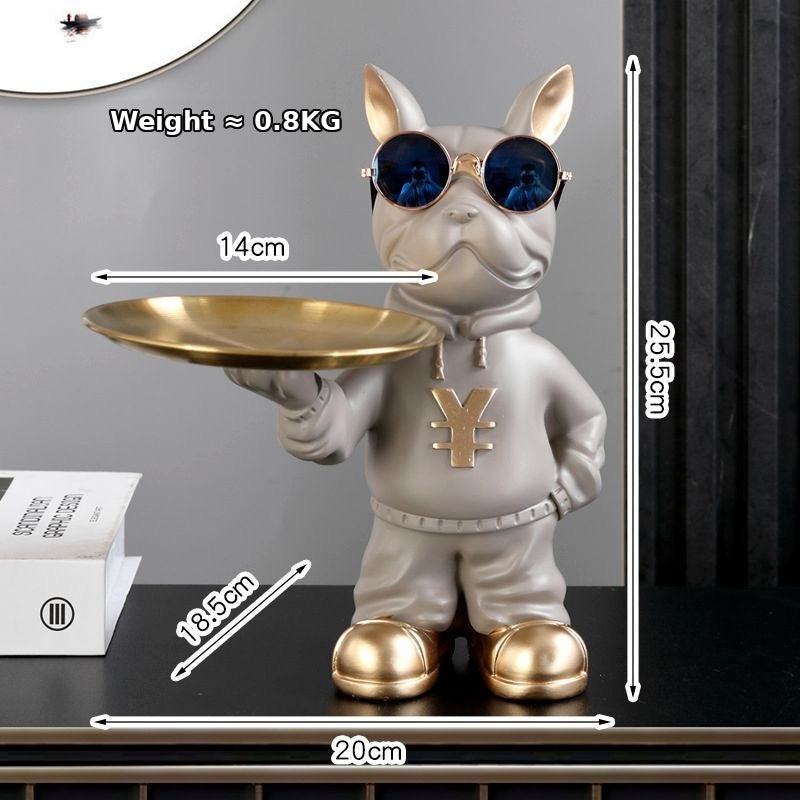Gray resin Frenchie single valet tray with gold metal tray and English size overlay