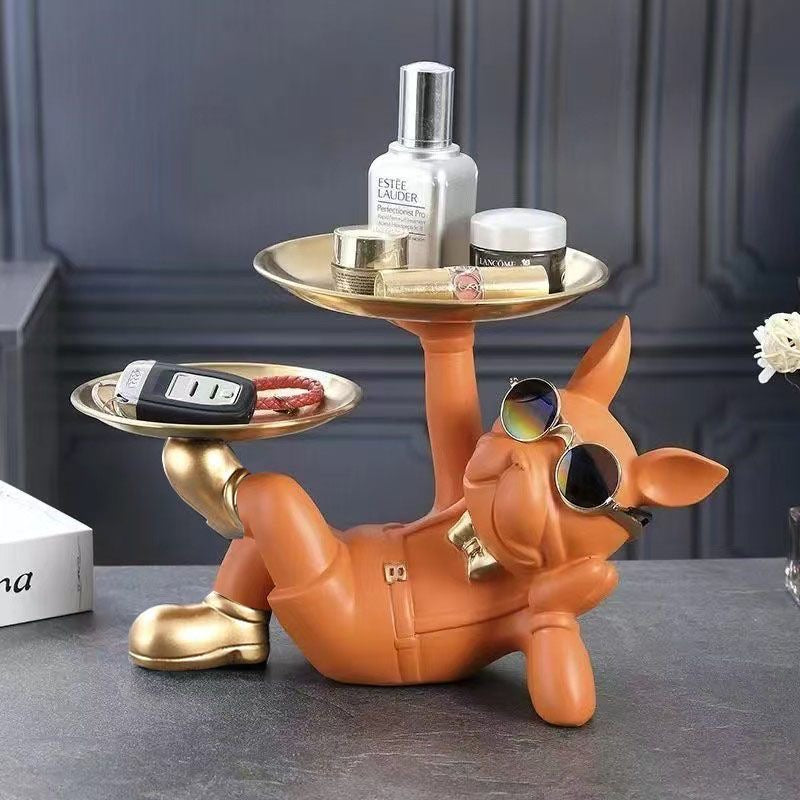Orange resin Frenchie double valet tray with gold-tone trays