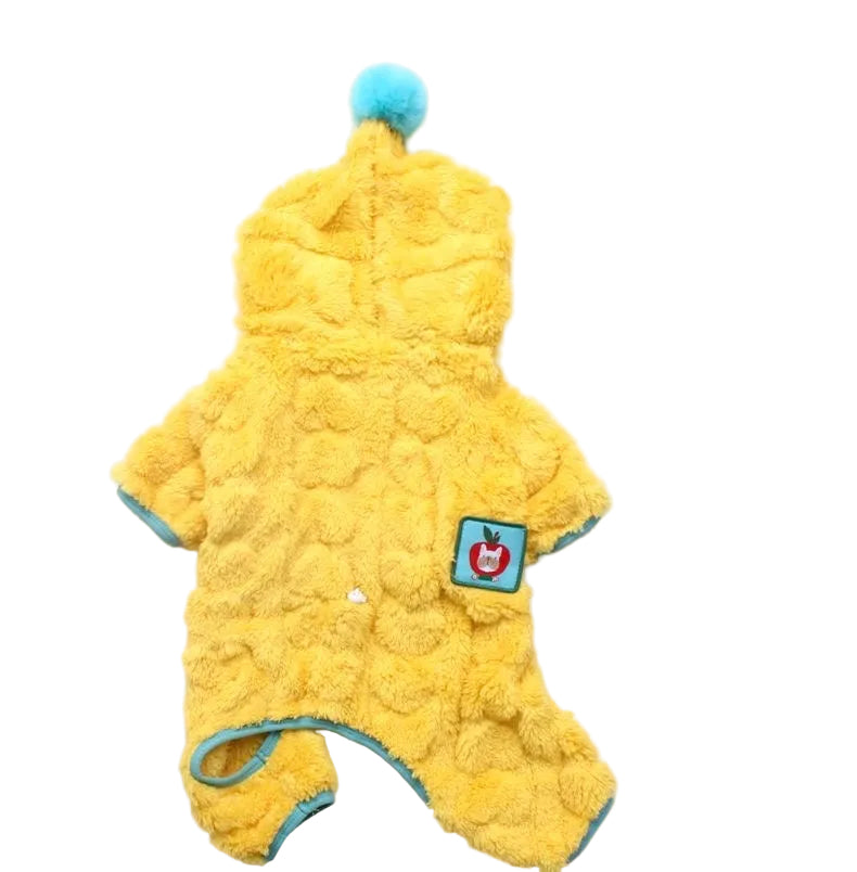Yellow plush fleece four-leg hoodie — back flat lay with cute apple patch
