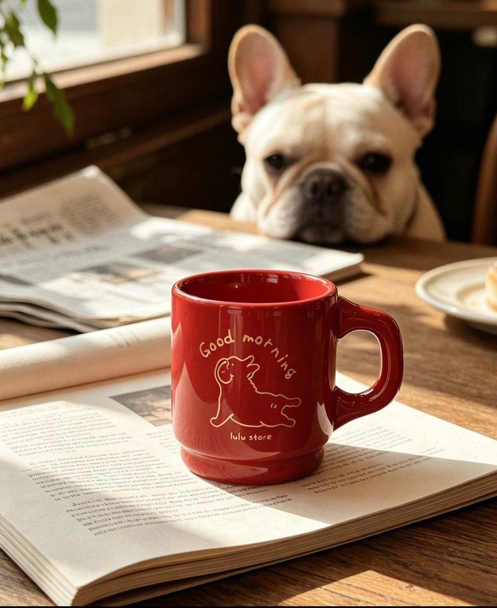 Red Good Morning Frenchie ceramic mug on an open book