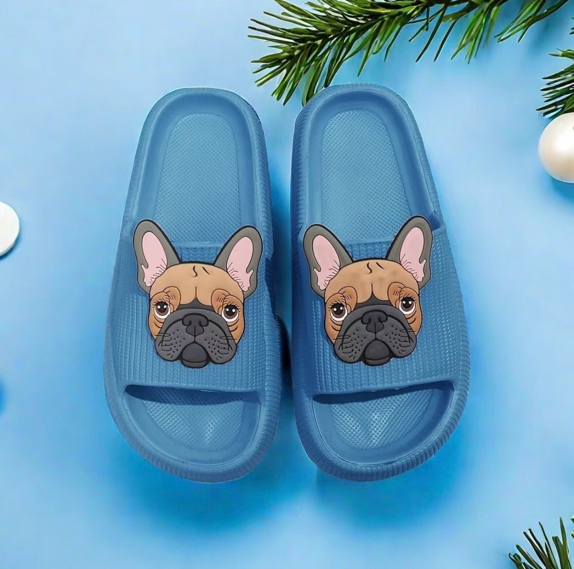 Blue Frenchie cloud slide sandals with French Bulldog face charm