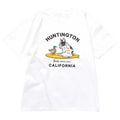 White Huntington Beach Frenchie Tee — French Bulldog and duck on yellow surfboard