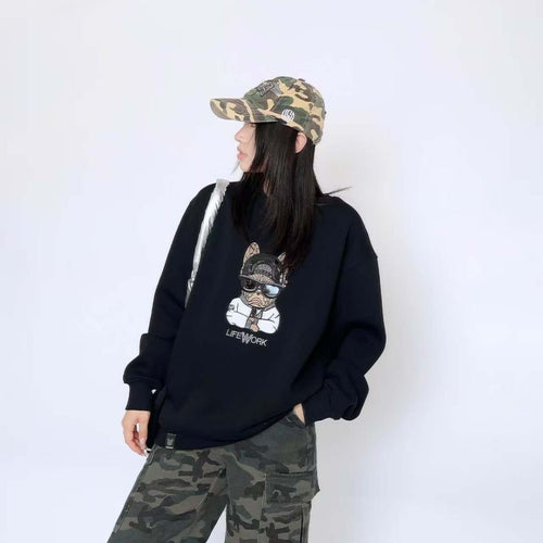 Black oversized Cool Frenchie crew sweatshirt — on model