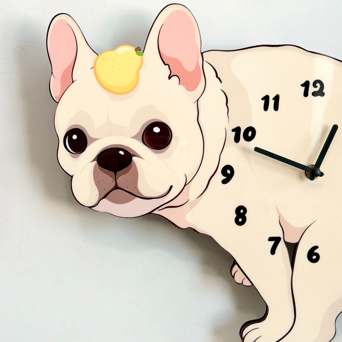 Cream Frenchie pendulum wall clock — close-up of head with fruit and numerals