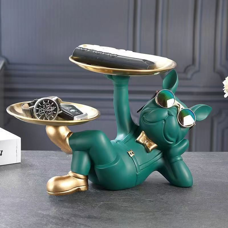 Teal resin Frenchie double valet tray with gold-tone trays