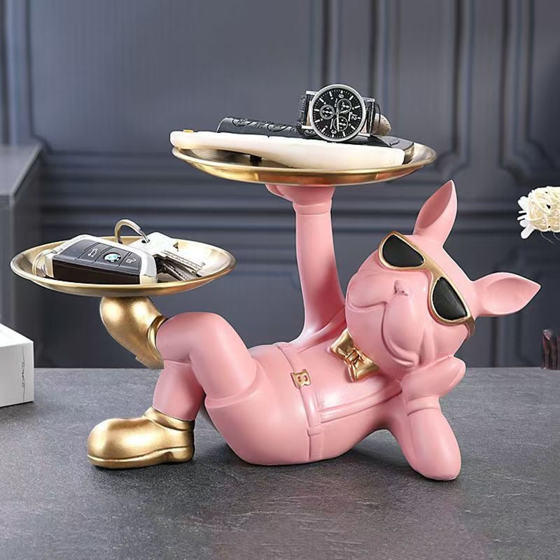 Pink resin Frenchie double valet tray with gold-tone trays