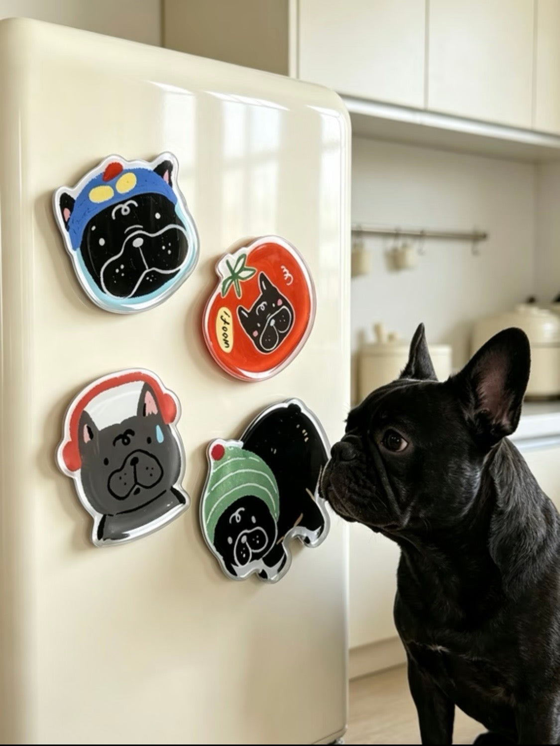 Cute French Bulldog acrylic fridge magnets on a fridge with a dog
