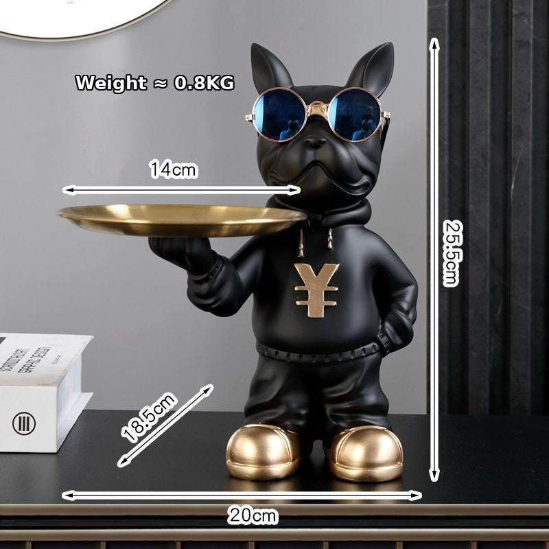 Black resin Frenchie single valet tray with gold metal tray and English size overlay
