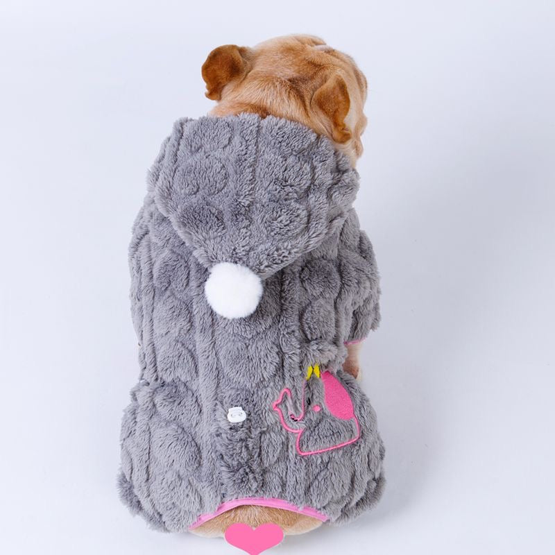 Grey plush fleece four-leg hoodie with elephant patch — on Frenchie