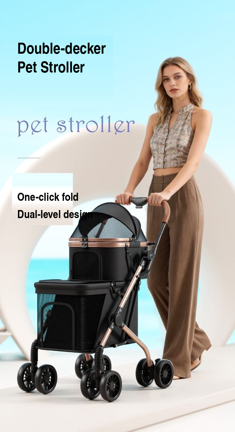 Double-decker pet stroller — one-click fold and dual-level design