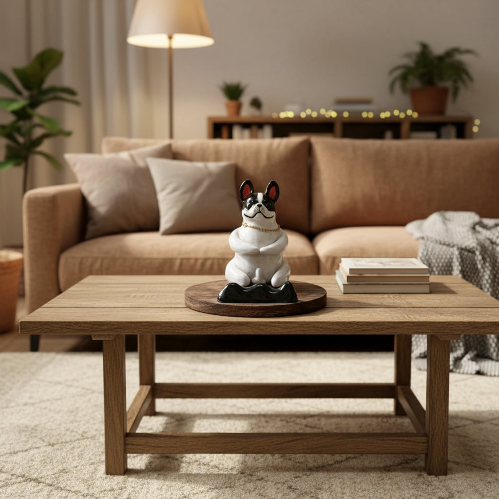 Pied Frenchie ceramic phone stand on wood base