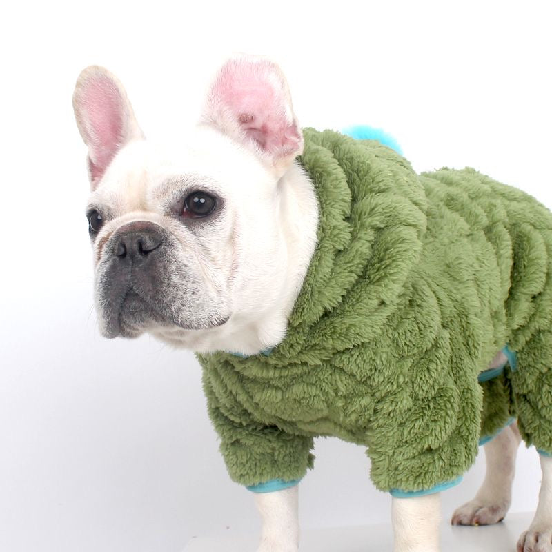 Olive green plush fleece four-leg hoodie with dino spikes — on Frenchie
