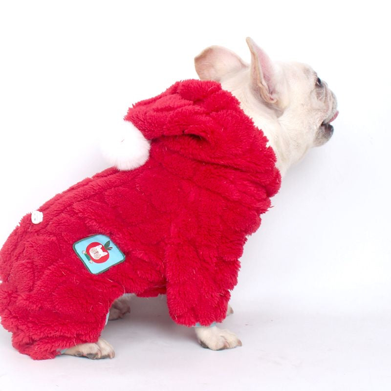 Red plush fleece four-leg hoodie with apple patch — on Frenchie