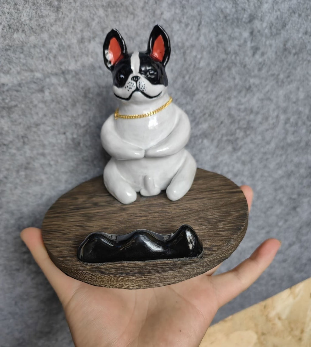 Frenchie ceramic phone stand, hand for scale