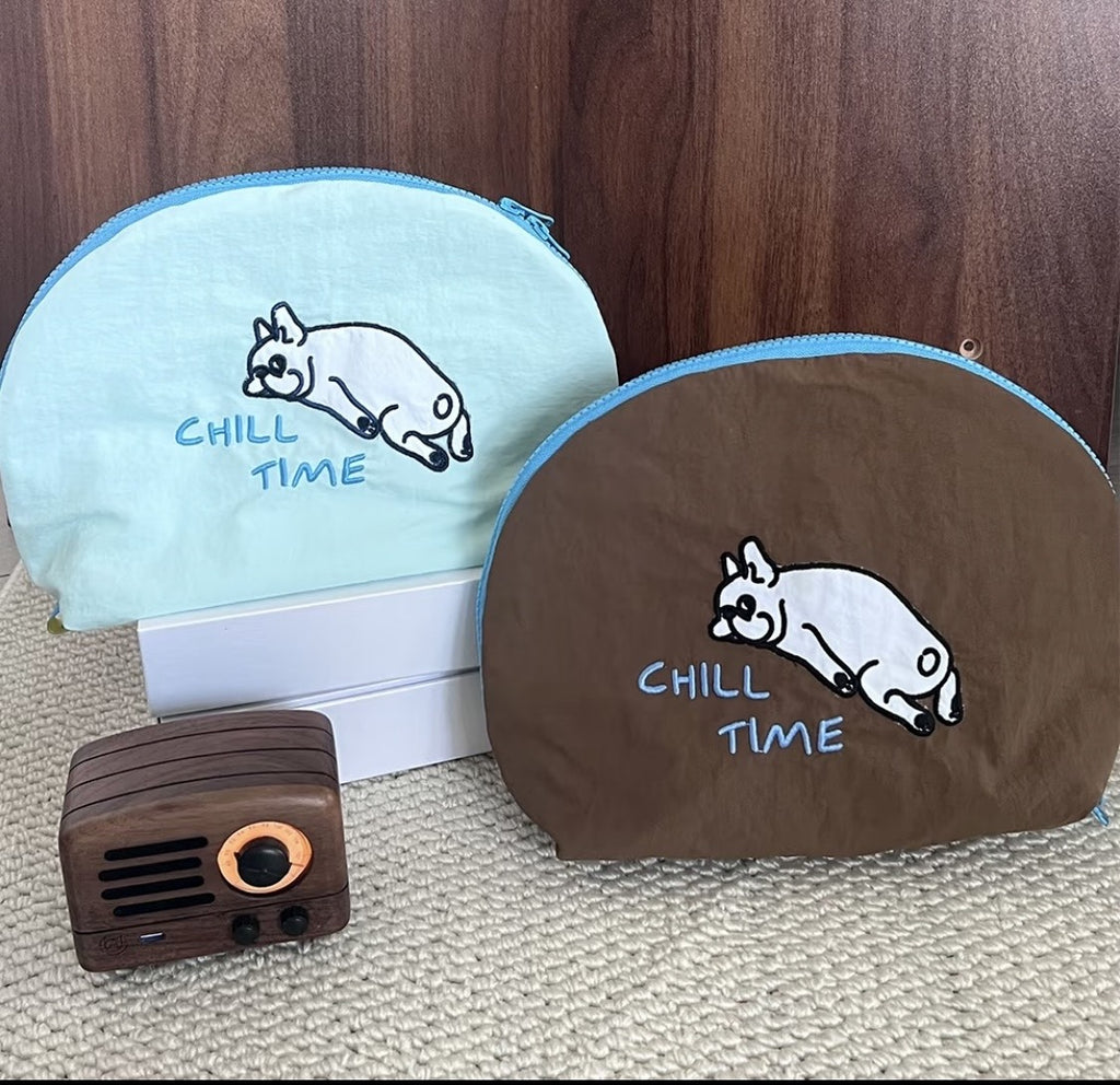 Light blue and brown Chill Time shell pouches