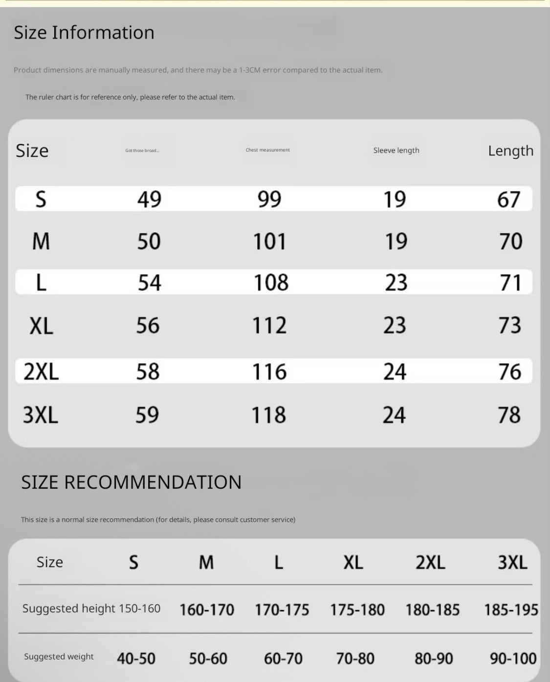 English size table, S to 3XL