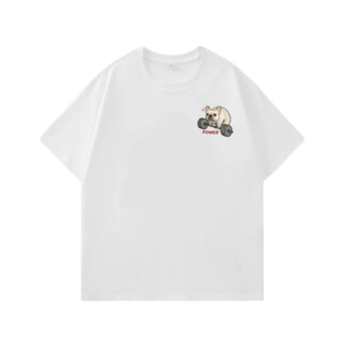 White POWER Frenchie tee, small chest logo