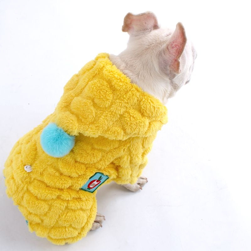 Yellow plush fleece four-leg hoodie with turquoise pom — on Frenchie